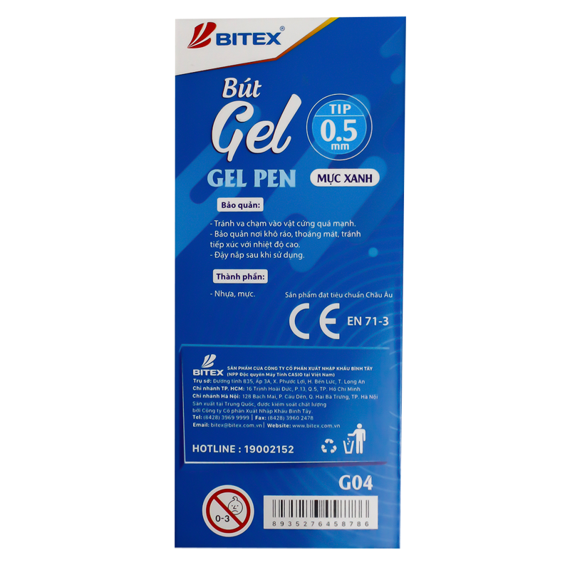 Bút gel Bitex mực xanh, đỏ, đen G04 (1 cây)