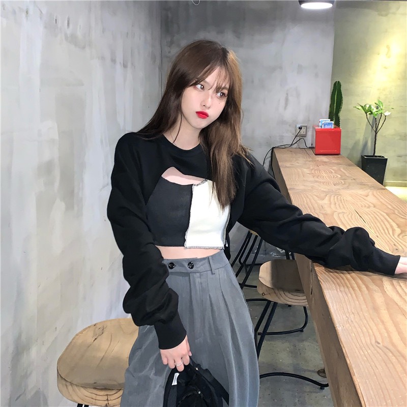 (ẢNH THÂTH) Sét áo croptop khoét ngực, sét áo croptop dài tay kèm áo 2 dây phối màu, áo croptop dài tay nữ, áo croptop ôm body hàn quốc, LEVERMART, áo croptop ulzzang, áo croptop đen, áo croptop trắng, áo croptop thời trang, áo ba lỗ nữ