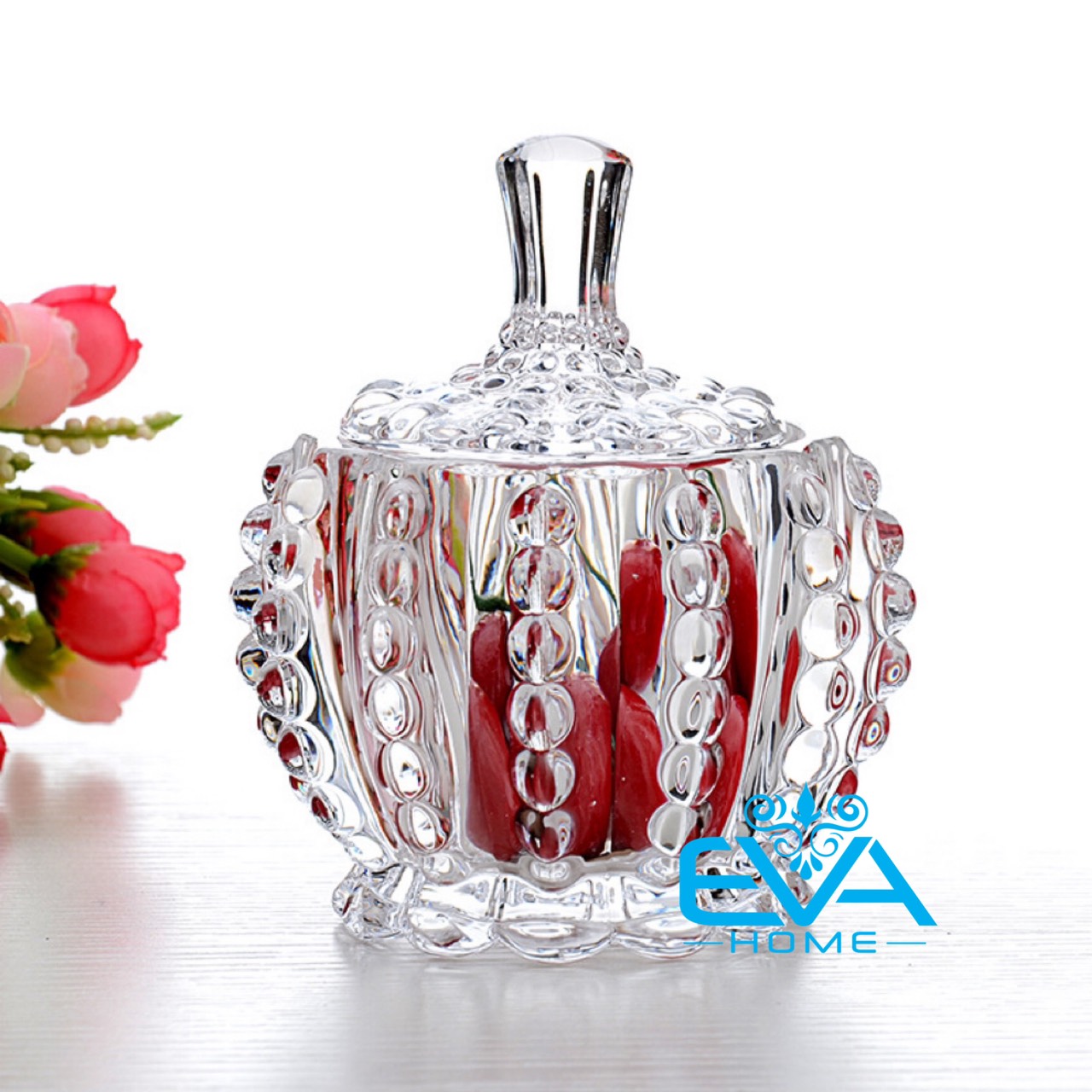 Thố mứt thuỷ tinh pha lê delisoga hoạ tiết hoa văn chấm bi nổi phong cách royal sang trọng / thố mứt tết chấm bi nổi dsgt1028-3.5 m162