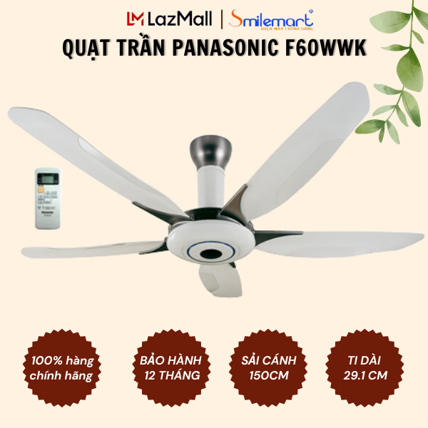 (1 year original warranty) Panasonic ceiling fan f-60wwk, 5 blade silent, with remote control