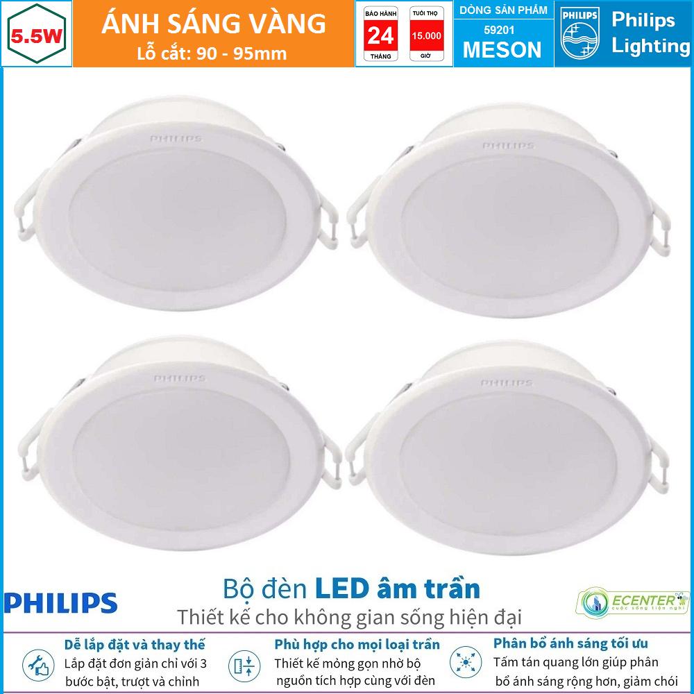 ( Bộ 4 ) Đèn Led Âm Trần 5.5W  Philips Downlight 59201 MESON D90 ( Ánh Sáng Vàng & Trung Tính & Trắng )