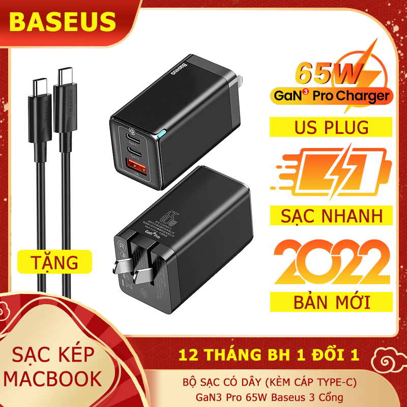 Bộ sạc nhanh Baseus GaN3 Pro 65W Chagrer USB Loại C Chagrer Sạc Nhanh Quick Charge 4.0 3.0 PD Nhanh Chaging Cho iPhone 13 pro Xiaomi Samsung Laptop Macbook
