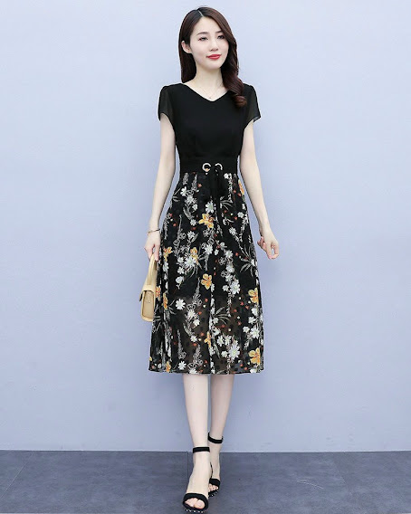 [HCM]ĐẦM XOÈ HOA PHỐI DÂY RÚT EO CỔ V TAY NGẮN, ĐẦM MAXI ĐI BIỂN