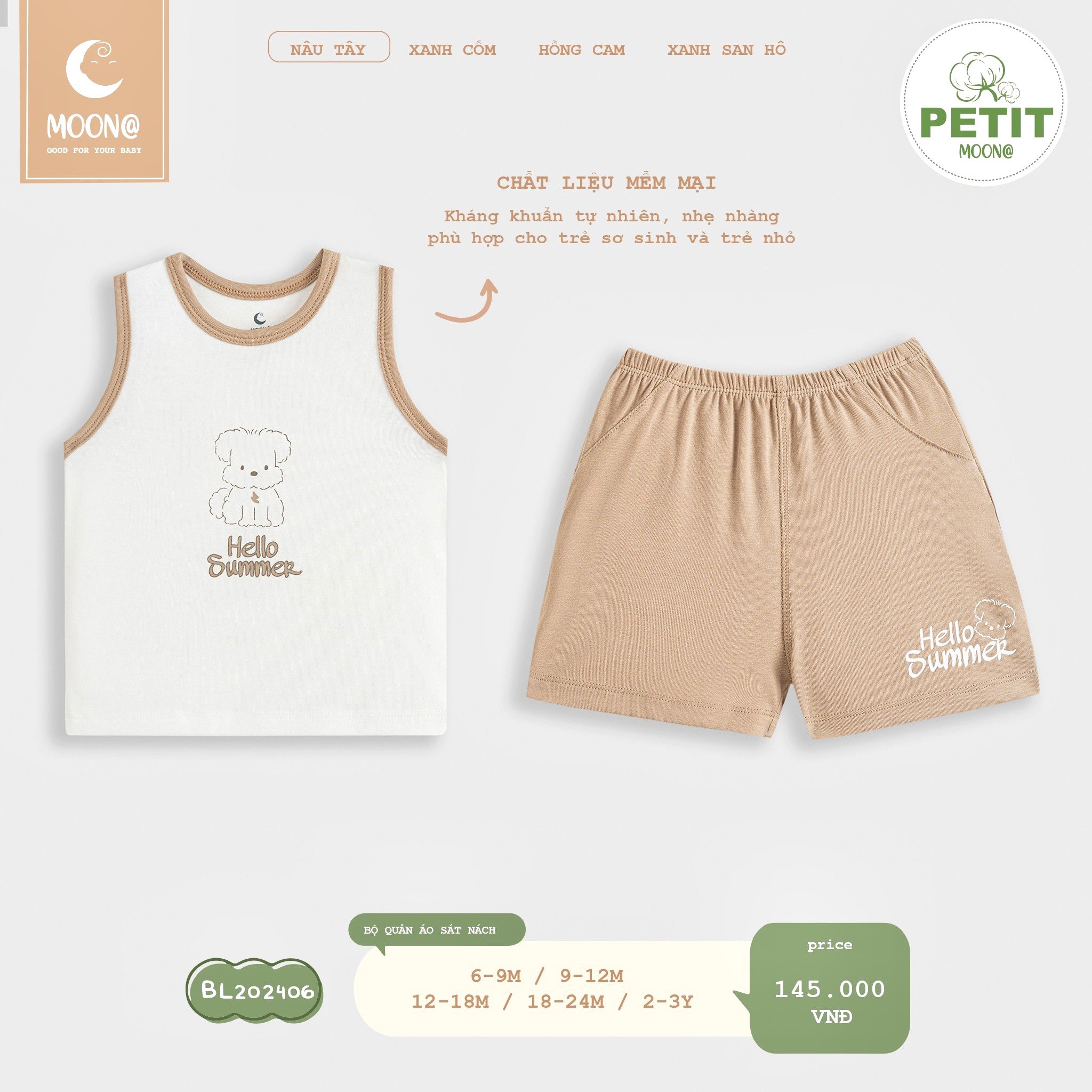Bộ quần áo ba lỗ quần đùi chất petit mềm mại họa tiết trẻ em Moon