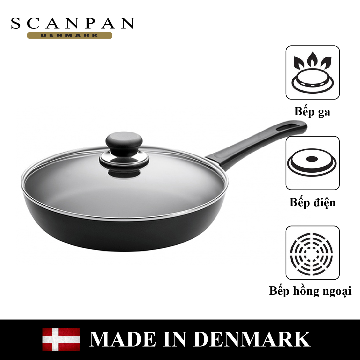 Chảo chống dính Scanpan Classic 24cm 24151204 có nắp, chống dính STRATANIUM siêu bền, an toàn cho sức khoẻ, bảo hành 3 năm