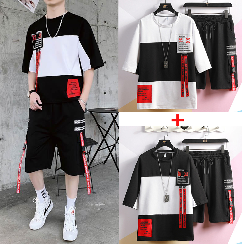 Combo 2 Bộ Quần Áo Thun Nam Phối Hai Màu Kèm Phối Dây Chữ Cá Tính Thời Trang FORHIMCS2 2SET NAM 9000039