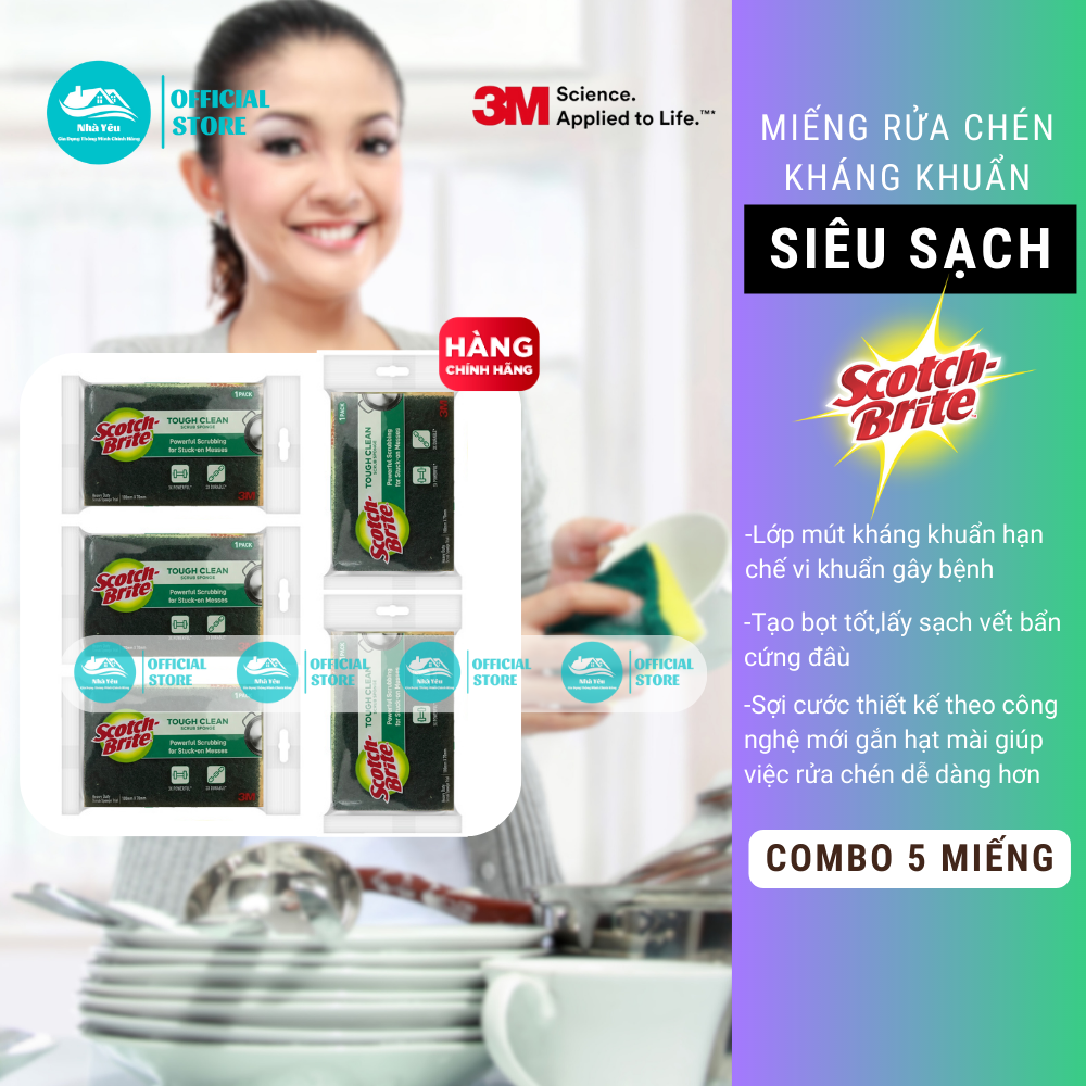 Combo 5 Miếng Rửa Chén,Bát 3M Scotch Brite Có Mút Mẫu Mới Kháng Khuẩn,Siêu Sạch,Dễ Dàng Đánh Bay Những Vết Bẩn,Cháy,Dầu,Mỡ Ở Chảo,Xoong,Nồi