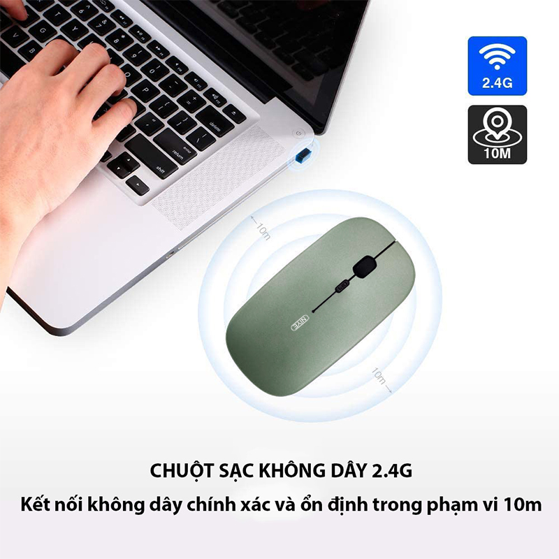 Chuột không dây wireless tự sạc pin siêu mỏng không gây tiếng ồn chuyên dùng cho Máy tính, pc, Laptop-Giao hàng nhanh