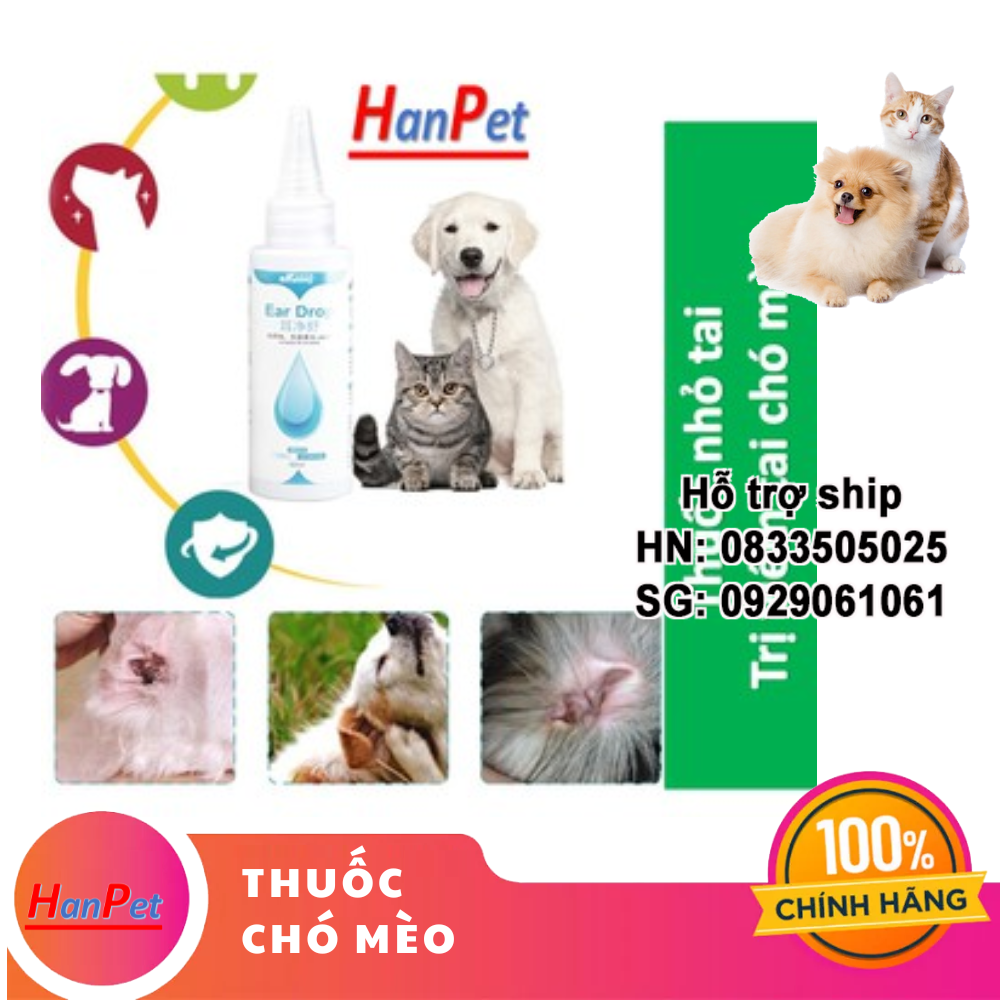 Hanpet - (Chai lớn 60ml) EAR DROP Thuốc nhỏ tai chó mèo (Màu trắng) tặng kèm gói Tăm bông - Dụng cụ vệ sinh tai cho chó mèo Tránh thối tai giữa gây điếc tai