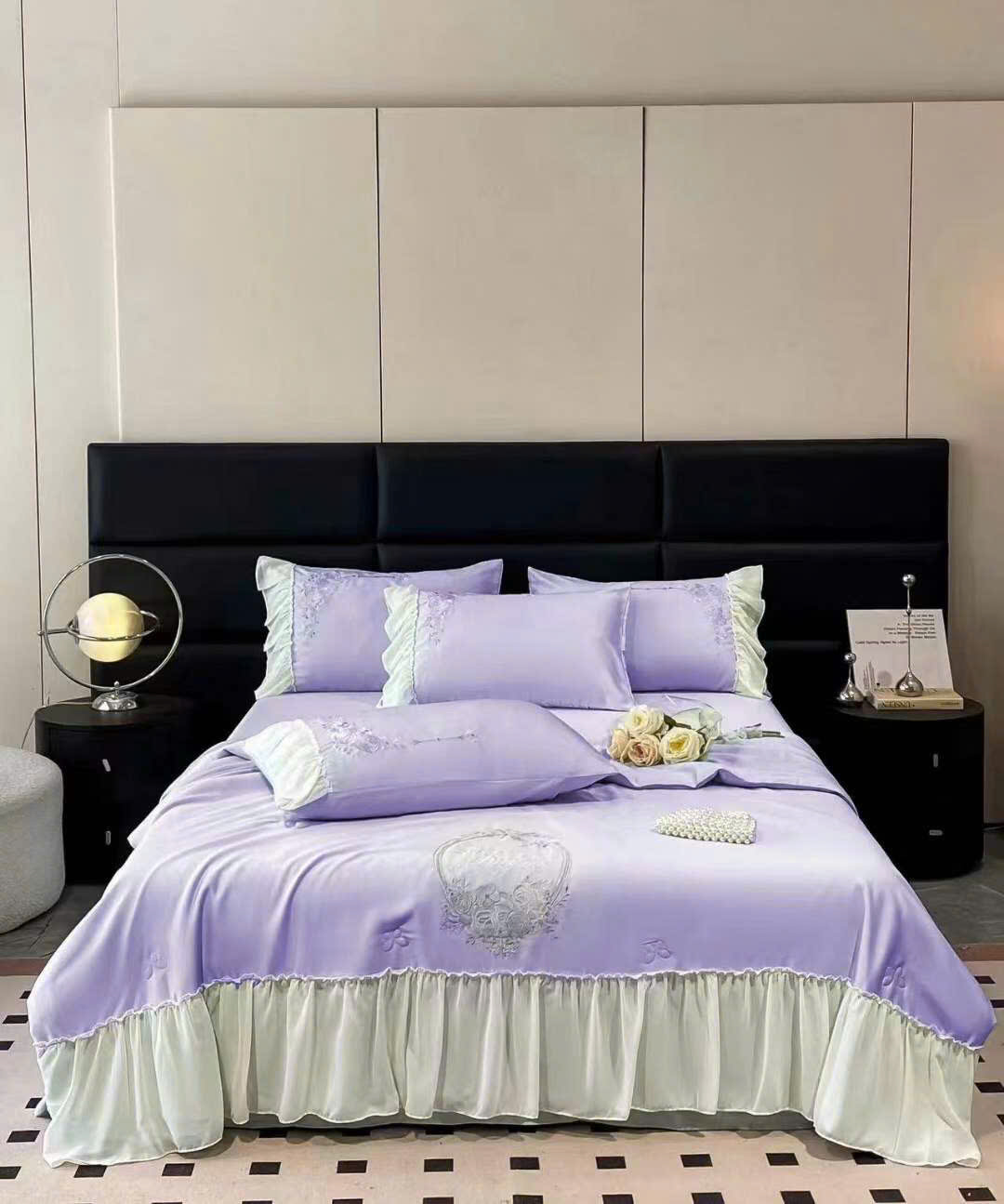 💥(FREESHIP MAX) SET 4 MÓN GA GỐI CHĂN HÈ PHI LỤA THÊU HOA PHỐI REN CAO CẤP