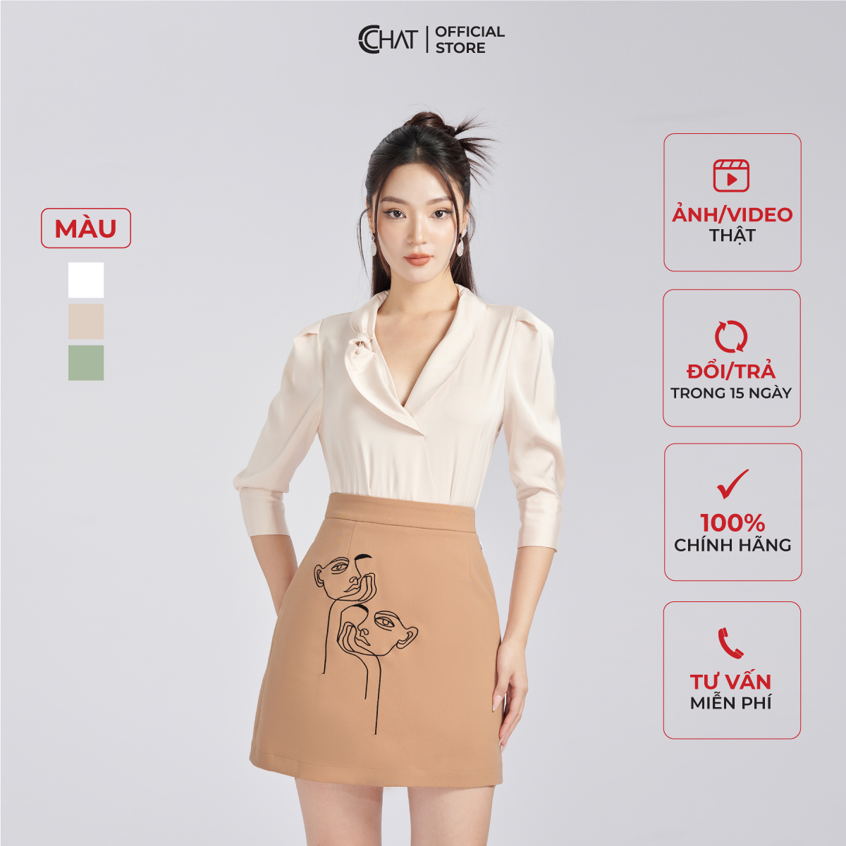 Áo Sơ Mi Nữ CCHAT Vạt Chéo Cổ Nút Chất Lụa Cao Cấp 53FNL2015ST
