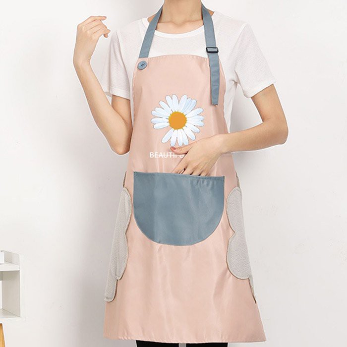 Tạp Dề Bếp Hoa Cúc Kẻ Đẹp Loại Ngắn Cute dùng Nấu Ăn Pha Chế Có Khăn Lau Tay Đính Sẵn 2 Bên Hông - Chất Vải Chống Nước ( Nam Nữ)