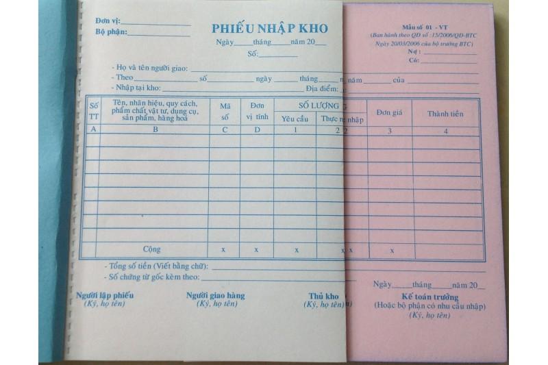 10 cuốn phiếu nhập kho 2 liên 100 tờ (50 bộ) 16x20cm