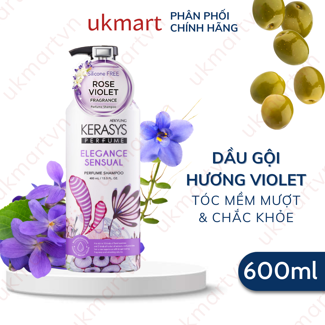 Dầu gội & dầu xả hương nước hoa hỗ trợ phục hồi tóc hư tổn kerasys 600ml perfume elegance & sensual shampoo