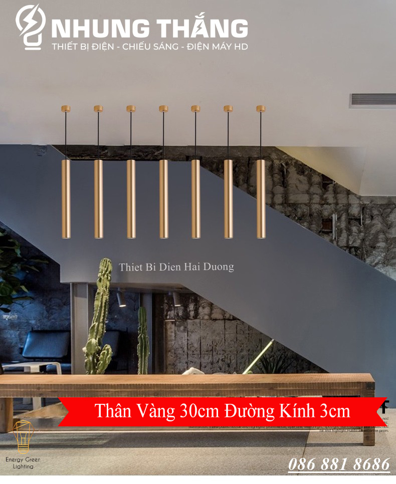 Đèn Thả Trần Trang Trí Rọi Ống Bơ Thân Vàng 5w - 2 Kích Thước 60cm , 30cm - Thân Nhôm Tản Nhiệt - Ánh Sáng Vàng - Có Video