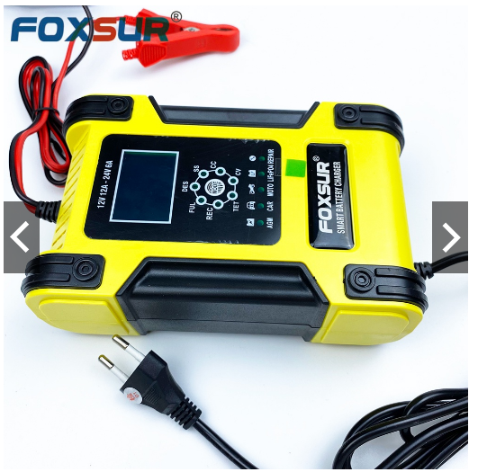 Sạc ắc quy 12V/12A- 24V/6A, 6Ah - 200Ah FOXSUR, sạc được nhiều loại ắcquy, tự ngắt khi đầy, có khử sunfat
