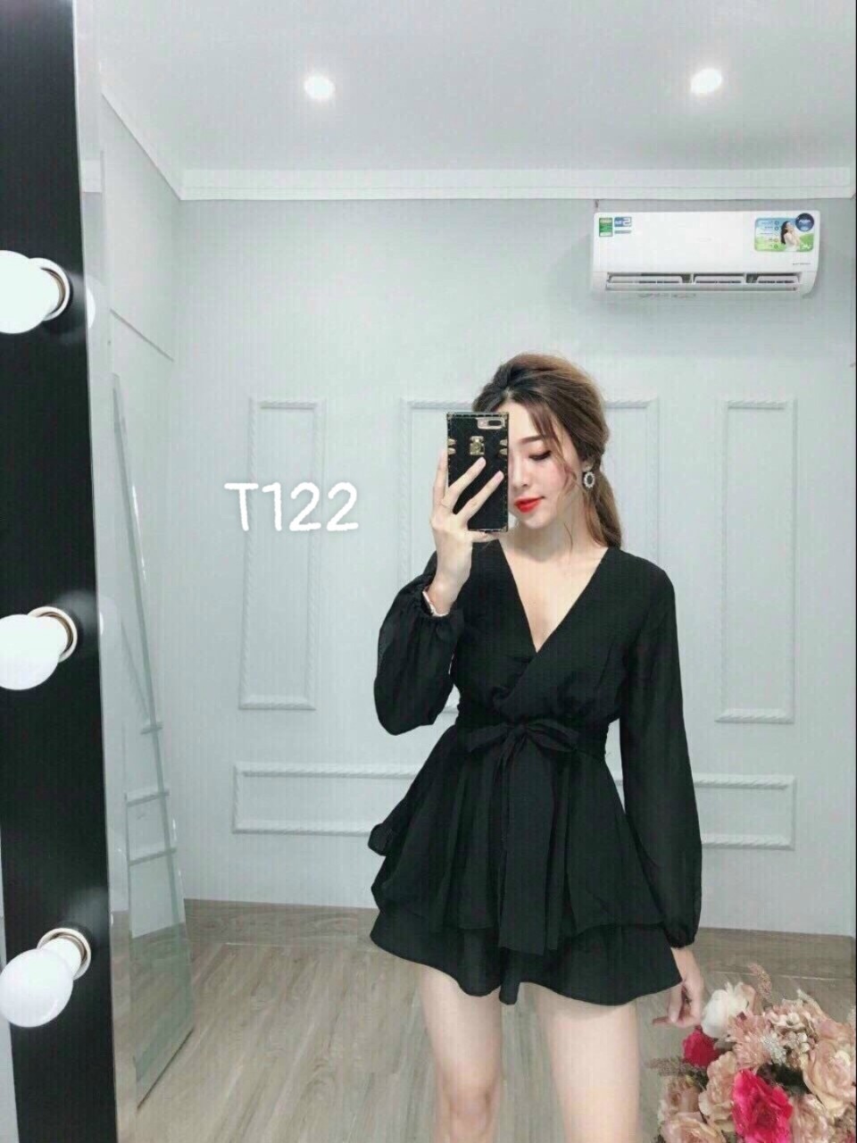 [HCM]Đầm xoè bèo cột nơ eo tay dài cổ v chất liệu umi lụa T122