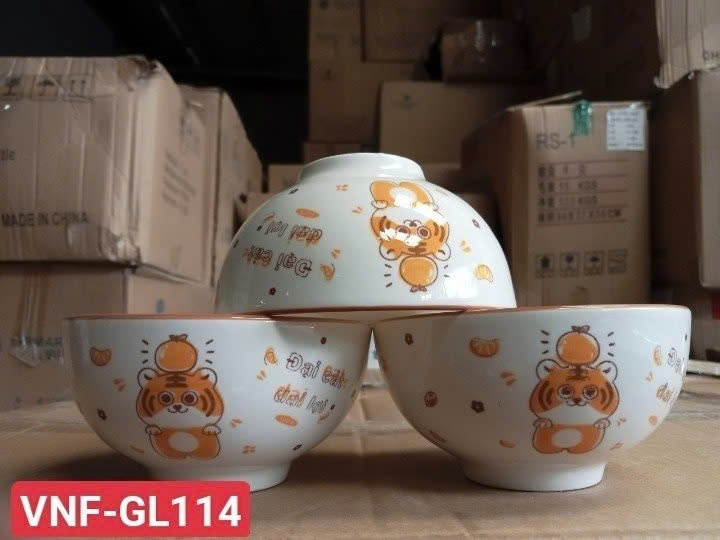 combo 10 chén sứ, 5 chén cơm sứ hoa văn mèo GL114, chén cơm sứ trắng 11cm