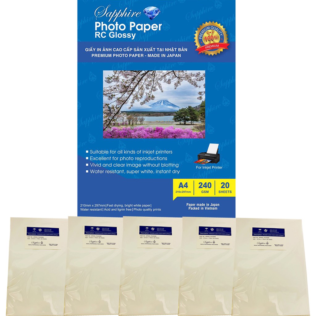 Combo 5 tập Giấy in ảnh Japan SAPPHIRE RC 240g A4