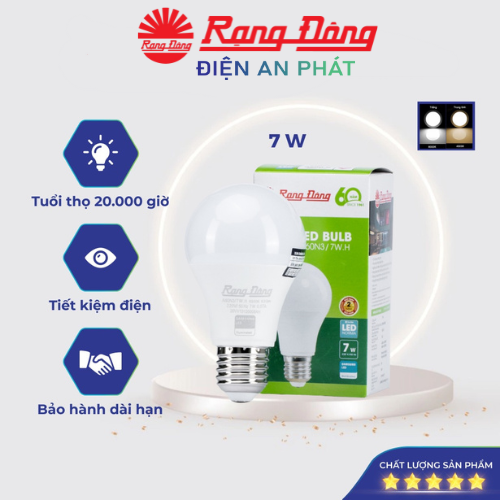 Bóng đèn led bulb tròn 7w rạng đông,siêu sáng, model led a60n3/7w, bảo hành 2 năm, tiết kiệm điện