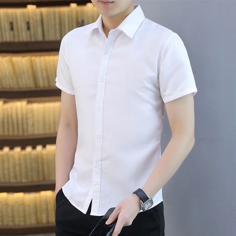 Áo sơ mi ngắn tay FATUNO nam Hàn Quốc màu xanh đen vải cotton lụa chống nhăn không bai xù