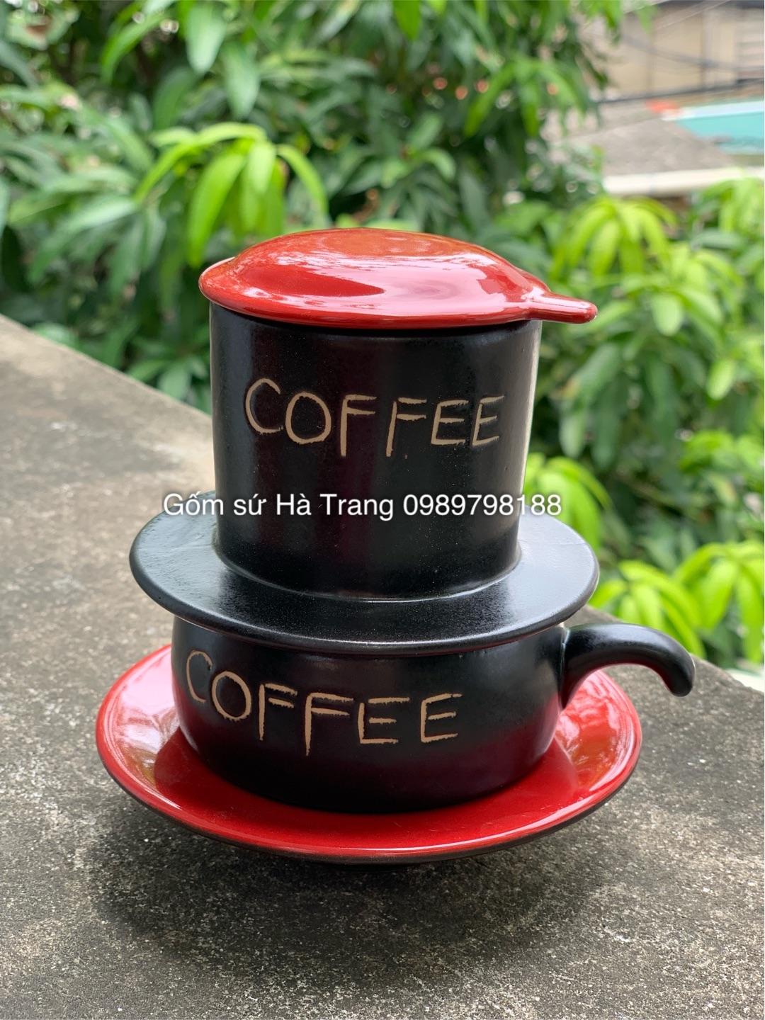 Phin pha cafe men đen khắc chữ COFFEE gốm sứ Bát Tràng cao cấp