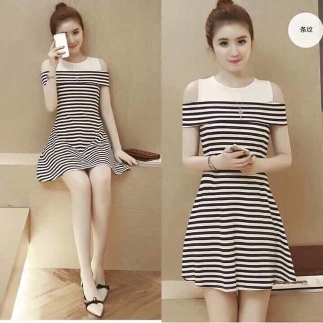 Đầm Váy   Kẻ Sọc Hở Vai  Dễ Thương