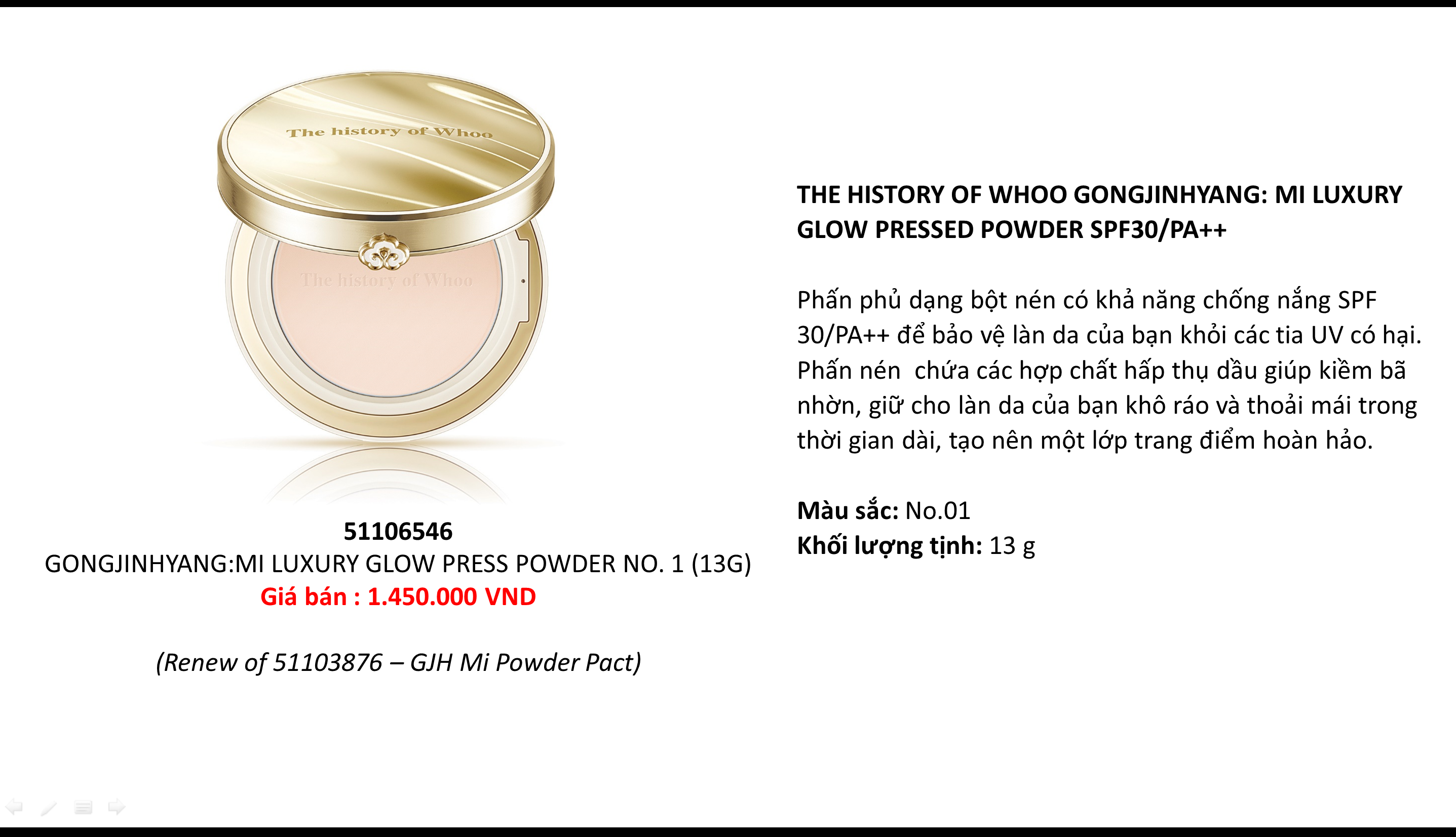 [HCM][Có tem chính hãng] Phấn phủ dạng nén WHOO GJH Mi Luxury Pressed Powder 13g