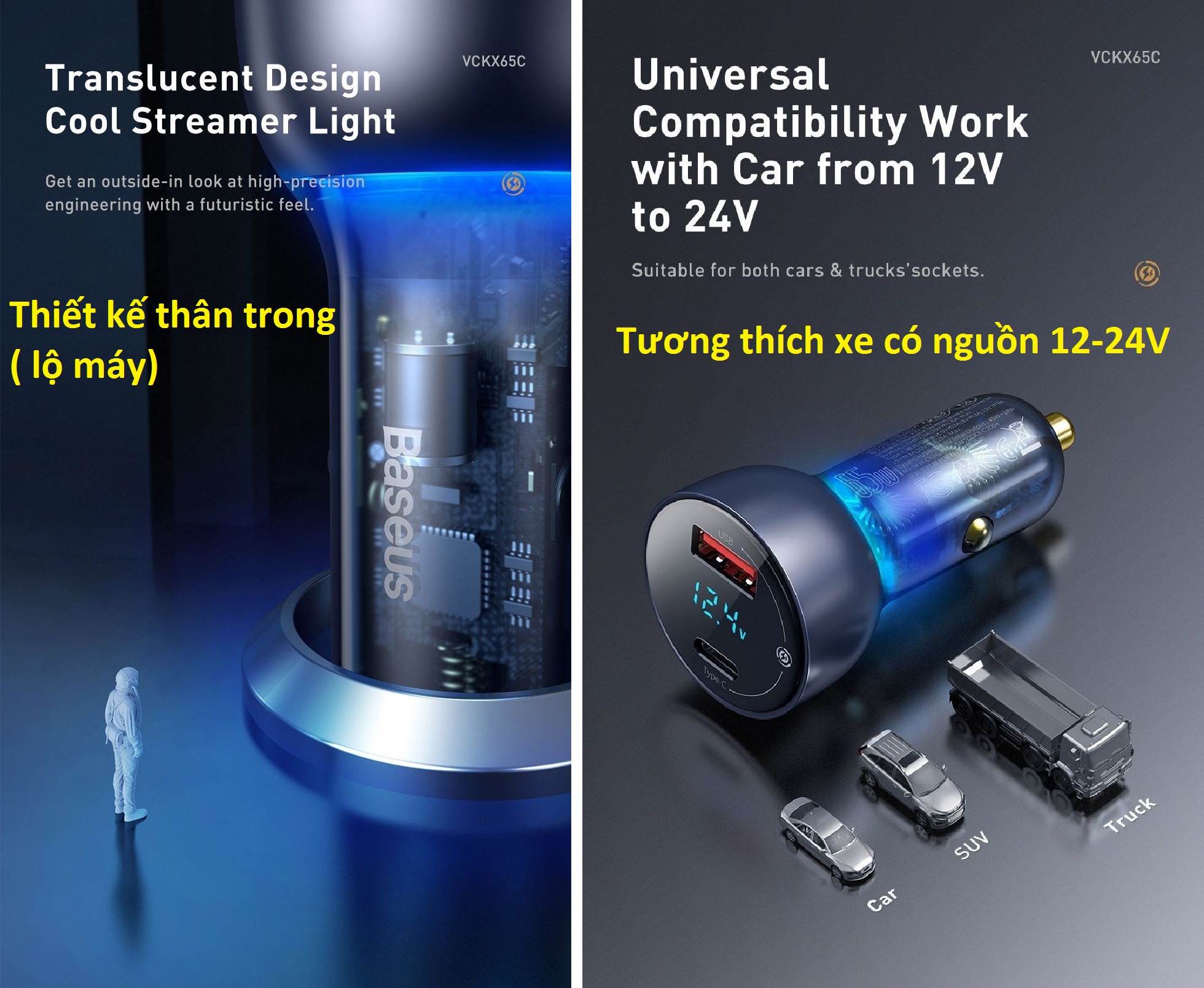 Sạc trên xe hơi 65W 2 cổng C+U Baseus Particular Digital Display QC+PPS VCKX65C