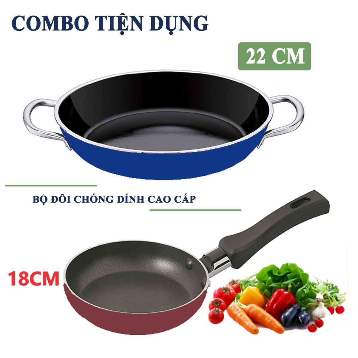 [MUA 1 TẶNG 1] Chảo chống dính 2 quai 22 cm tặng kèm chảo chống dính tay cầm 18 cm cao cấp /Chảo chống dính