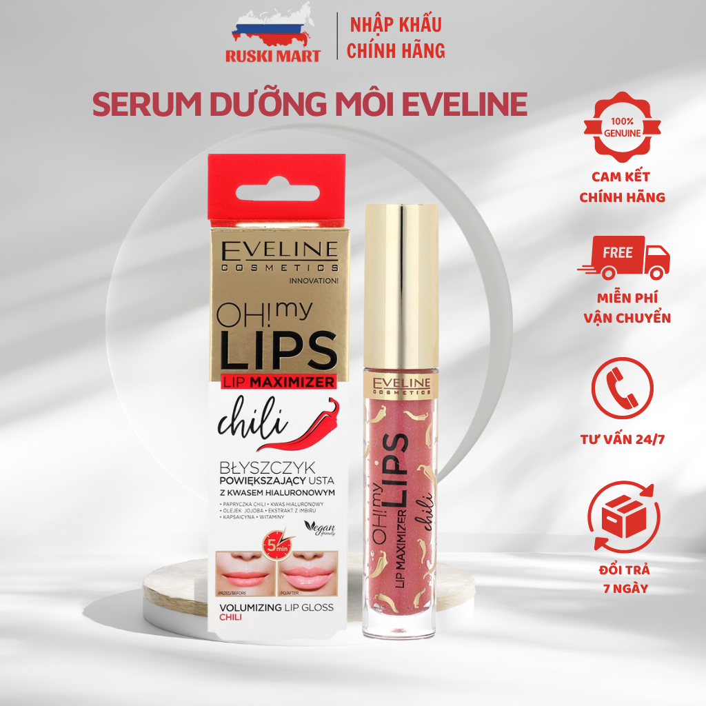 Serum Dưỡng Môi Eveline Cosmetics Hyaluron Lip Push-up của Nga 12ml giúp làm dày, đầy môi và căng mọng môi - Ruski Mart