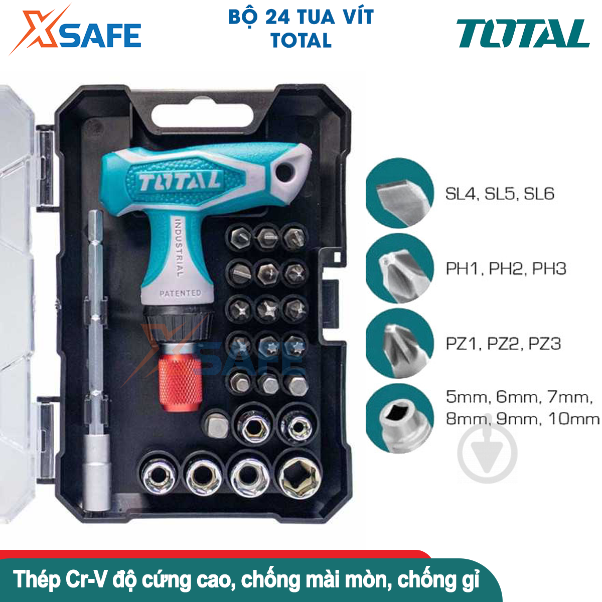 Bộ tua vít tự động 24 chi tiết TOTAL thép CR-V bộ tuốc nơ vít đa năng kèm đầu mũi vít và đầu tuýp chống gỉ sét dễ sử dụng TACSD30186