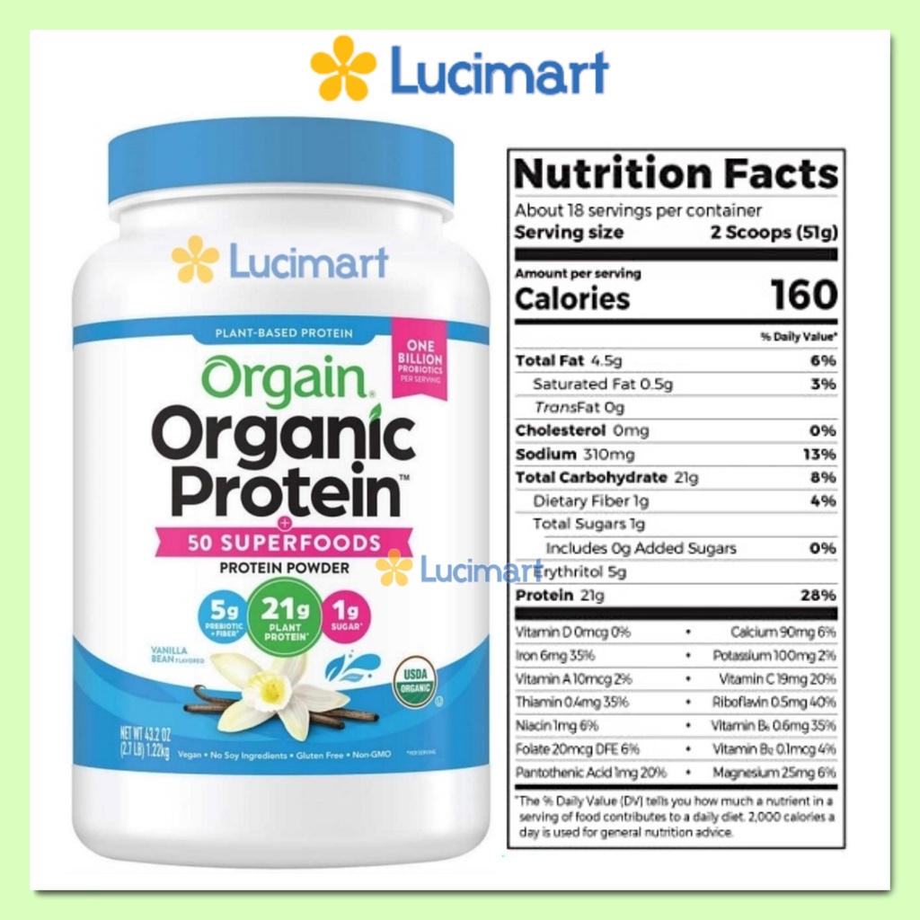 Bột đạm Orgain Organic Protein Powder bột đạm thực vật hữu cơ + 50 Superfoods, hương Vanilla 1.22kg [Hàng Mỹ]