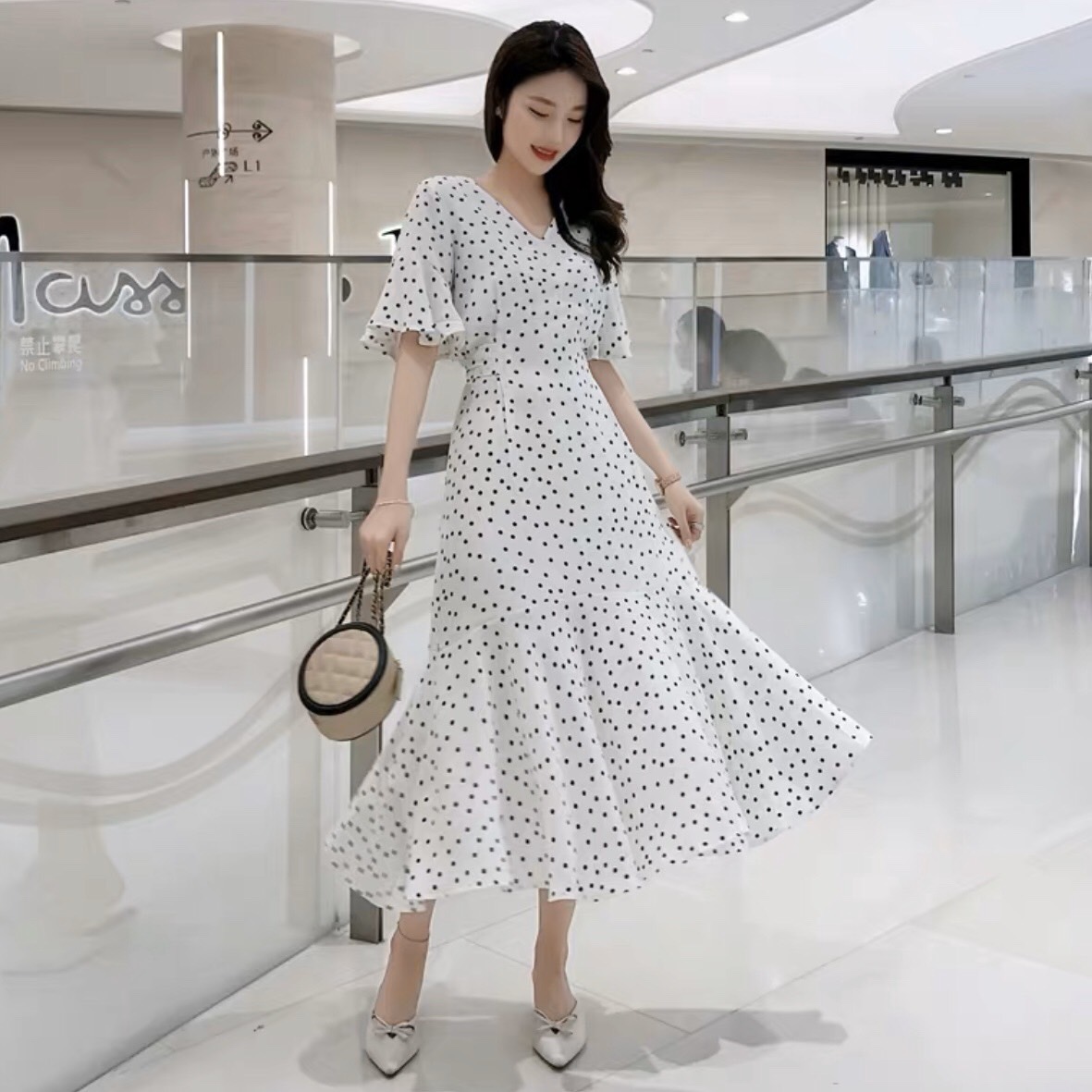 [HCM]Sleeve Maxi Dress with Dots Fishtail Flared Sleeveless Flared Tall Underline - DM013