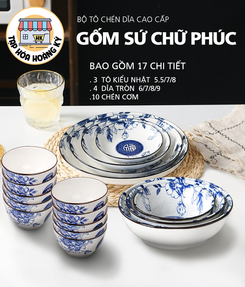Bộ tô, chén, dĩa gốm sứ hoa văn Chữ Phúc (Gồm 3 Tô kiểu Nhật, 4 Dĩa , 10 Chén cơm)+ Tặng 10 đôi đũa nhựa xoắn 2 đầu