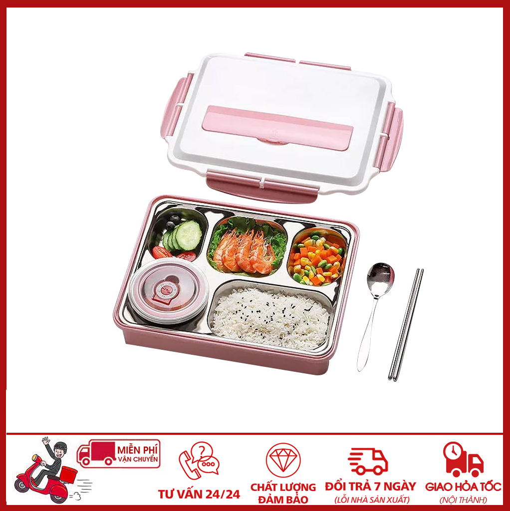 ⛔GIADUNGHOALONG⛔ Khay cơm 5 ngăn inox có nắp (TẶNG KÈM ĐŨA, THÌA - LOẠI INOX)