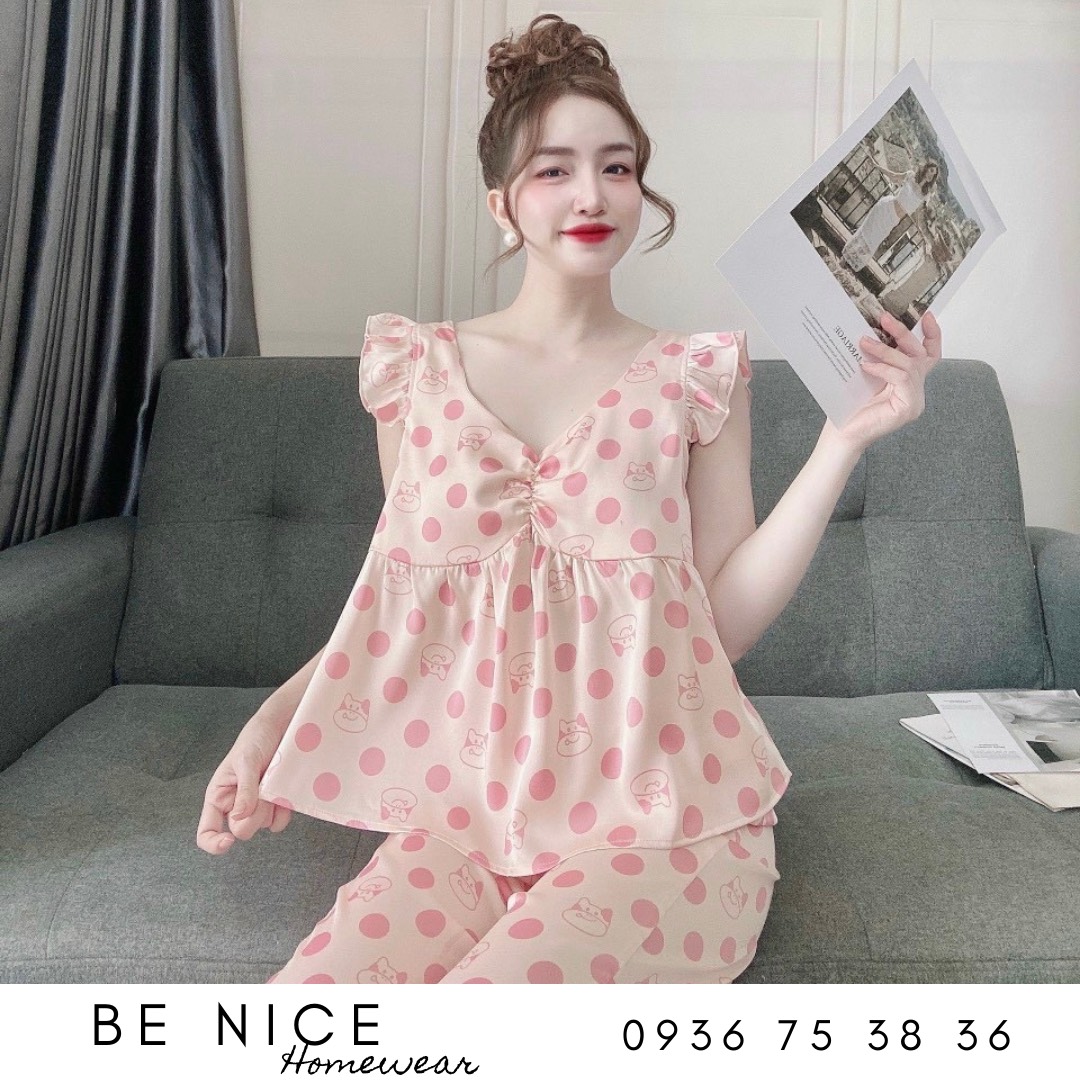 Set lụa dài mặc nhà cổ V tay bèo nhún ngực