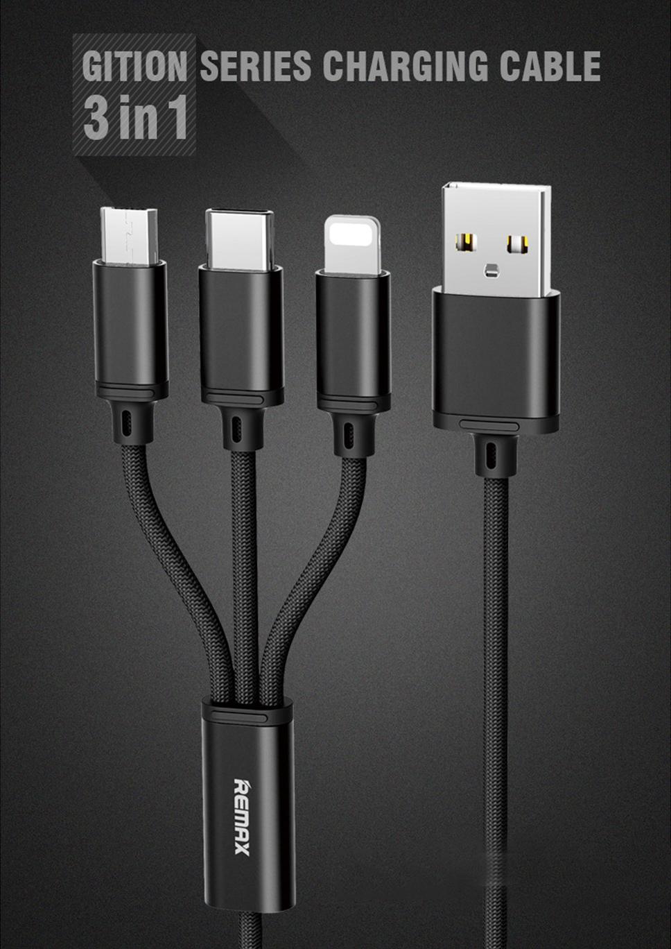 Cáp sạc Remax 3 đầu dây dù micro USB, Type C, lightning dùng cho điện thoại Android, iOs