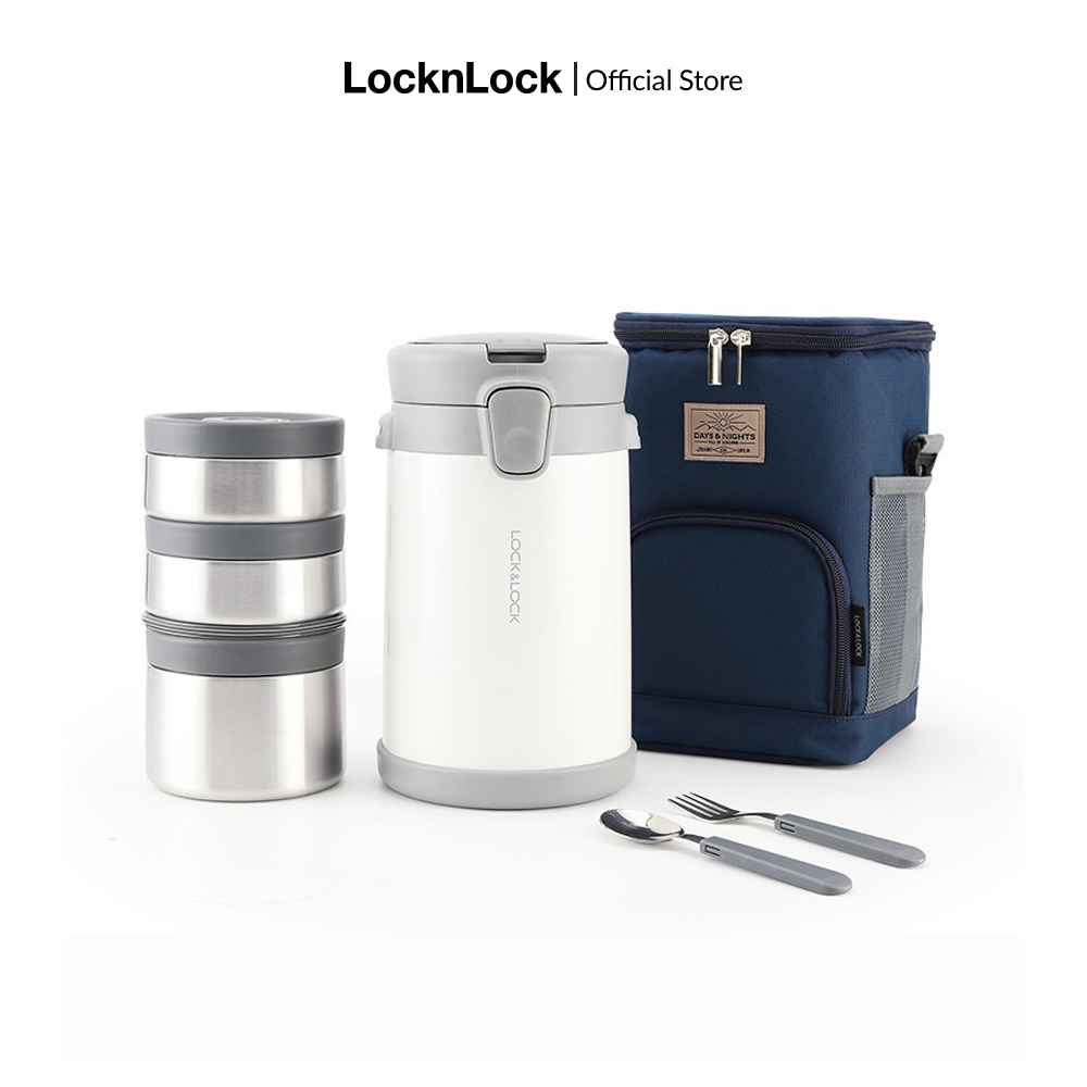 Bộ hộp cơm giữ nhiệt Lock&Lock Easy Carry - LHC8039 - kèm bộ muỗng nĩa và túi đựng. Gồm 1 hộp 720ml+ 2 hộp 420ml