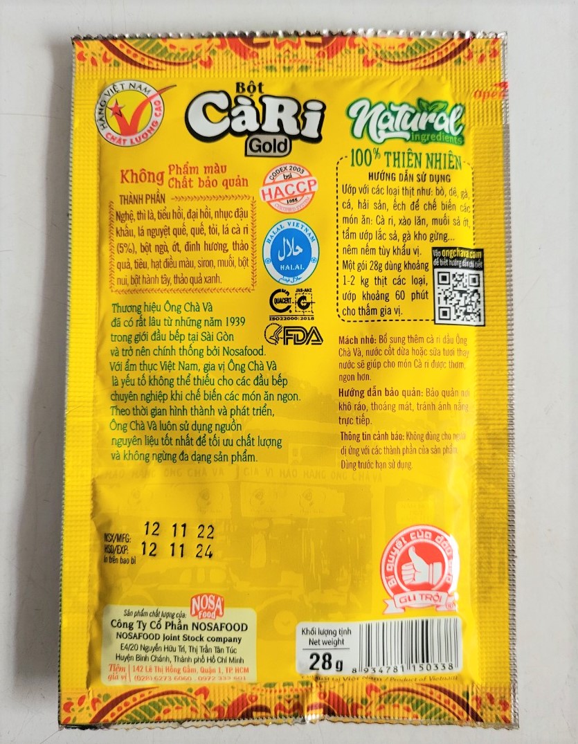 [Túi GOLD 28g] BỘT CÀ RI Ông Chà Và [VN] NOSAFOOD Curry Powder (halal)