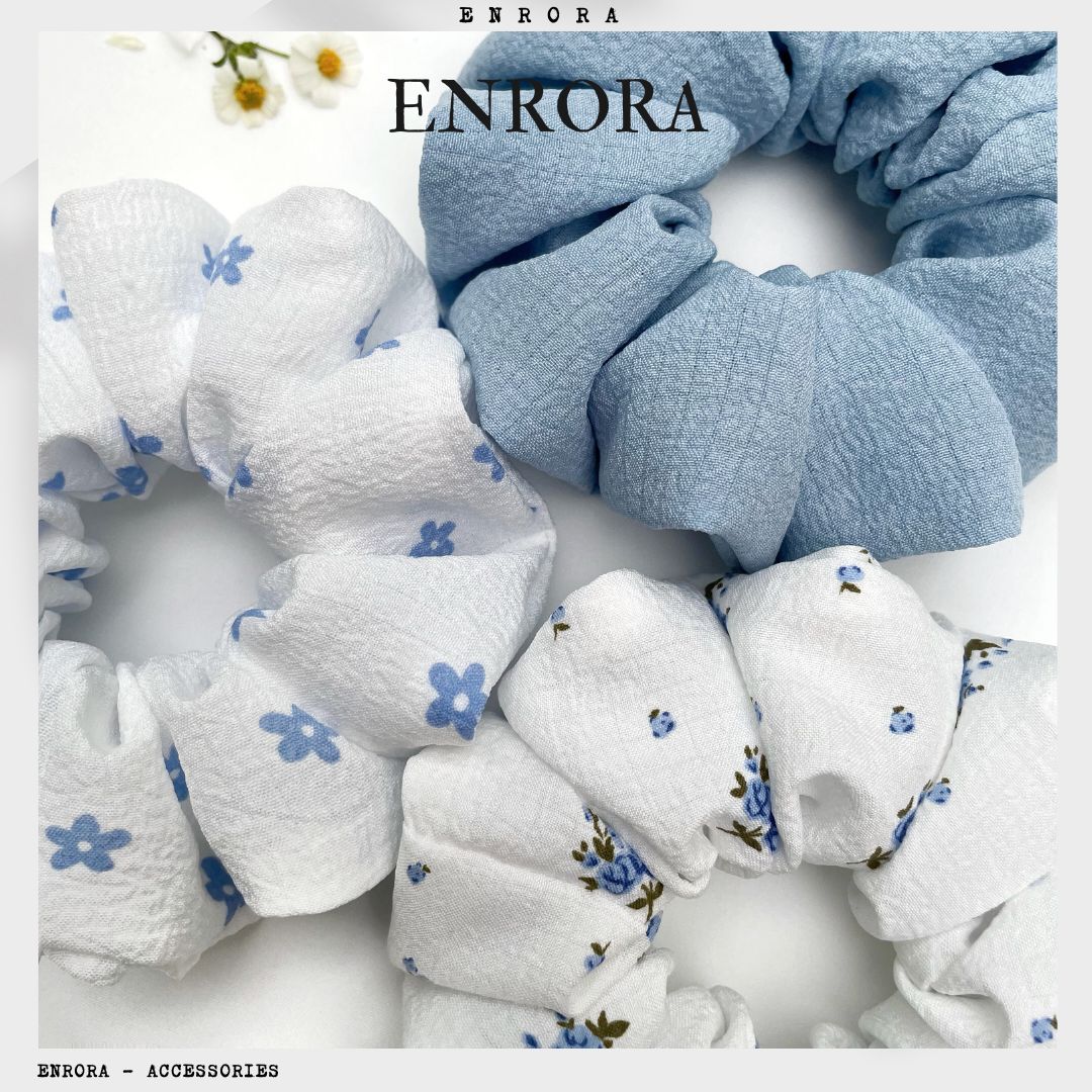 Scrunchies ENRORA Cột Tóc Vải Hoa Xanh nhí [100% Handmade]