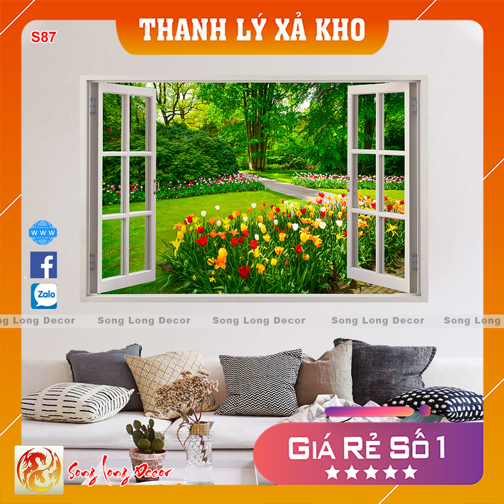 [THANH LÝ XẢ KHO]  Tranh dán tường 3d - s87 Tranh 3D Cửa Sổ - Giấy dán tường 3d - Song Long Decor -