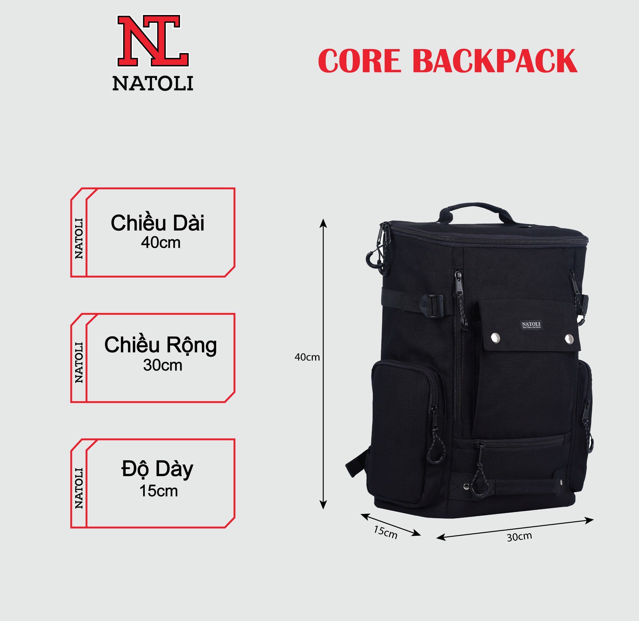 Balo sinh viên unisex CORE BACKPACK B9 chính hãng NATOLI ,Cặp đi học chất vải canvas kháng nước chống sốc nhiều ngăn thời trang cao cấp