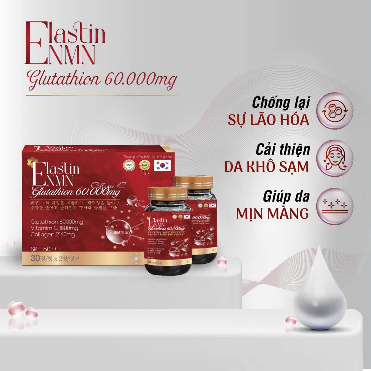 Viên Uống Elastin NMN Glutathione 60.000mg (Hộp 2 Lọ 60 Viên)