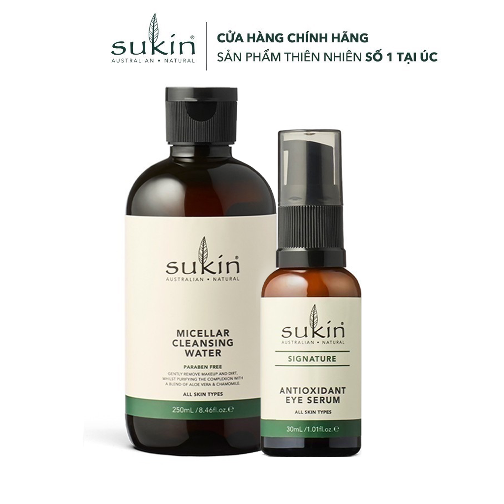 Combo tẩy trang và dưỡng da vùng mắt Sukin ( Nước tẩy trang Micellar 250ml + Serum dưỡng vùng da quanh mắt Signature 30ml)