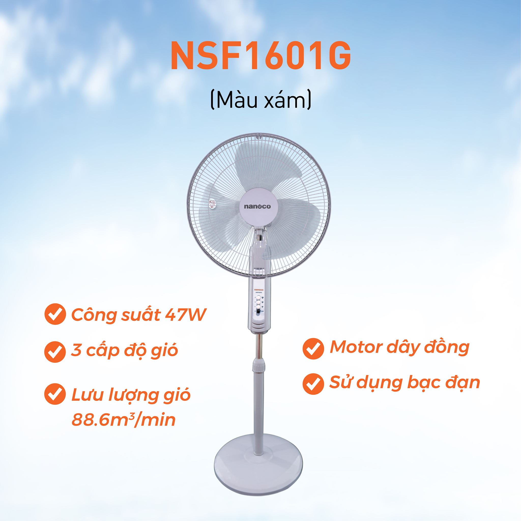 Quạt đứng nanoco NSF1601G/ NSF1602G-RC (Màu xám)