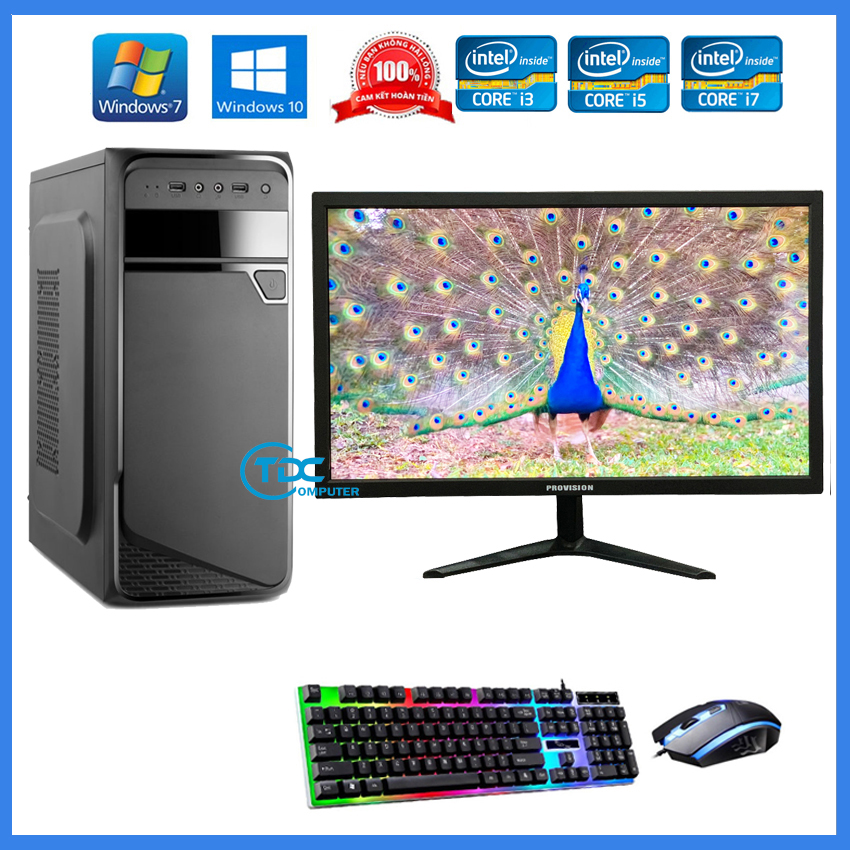 Combo Bộ máy tính để bàn PC Gaming + Màn hình 24 inch Provision Cấu hình core i3, i5 i7 Ram 4GB, SSD 120GB + Quà Tặng bàn phím chuột chuyên Game LED