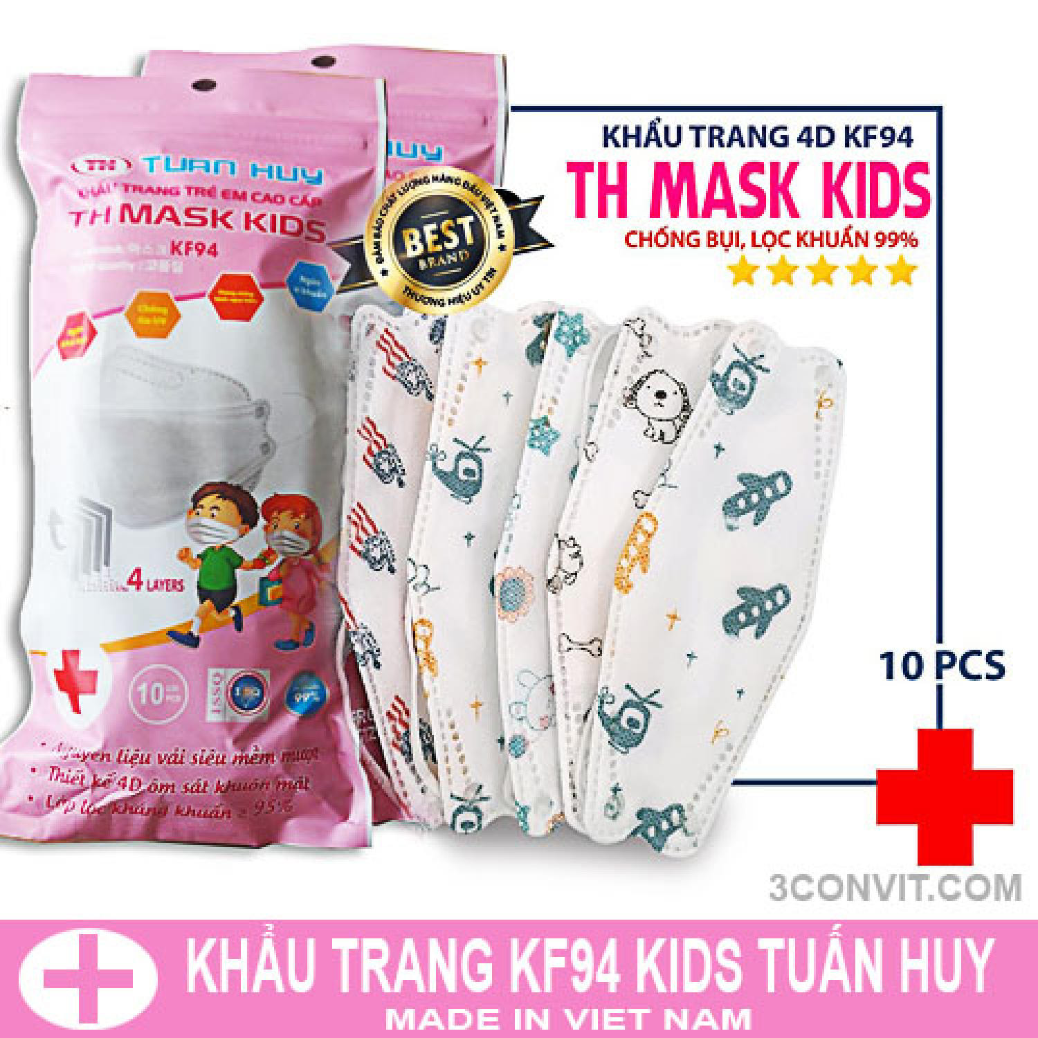 [Freeship+Quà] Túi 10 chiếc khẩu trang trẻ em 4D KF94 Tuấn Huy loại cao cấp kháng khuẩn vãi mịn