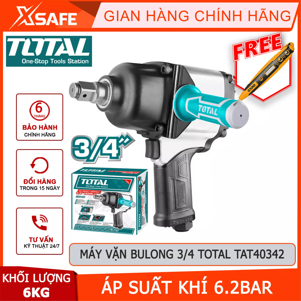 Máy siết bulong khí nén (3/4") Total TAT40342 đầu vặn vuông 19mm(3/4"); tốc độ không tải 4000rpm; mô men quaya: 1600Nm(1180ft); cơ chế búa đôi; Lượng khí tiêu thụ: 256l/p, áp suất 6.2bar máy siết bu lông