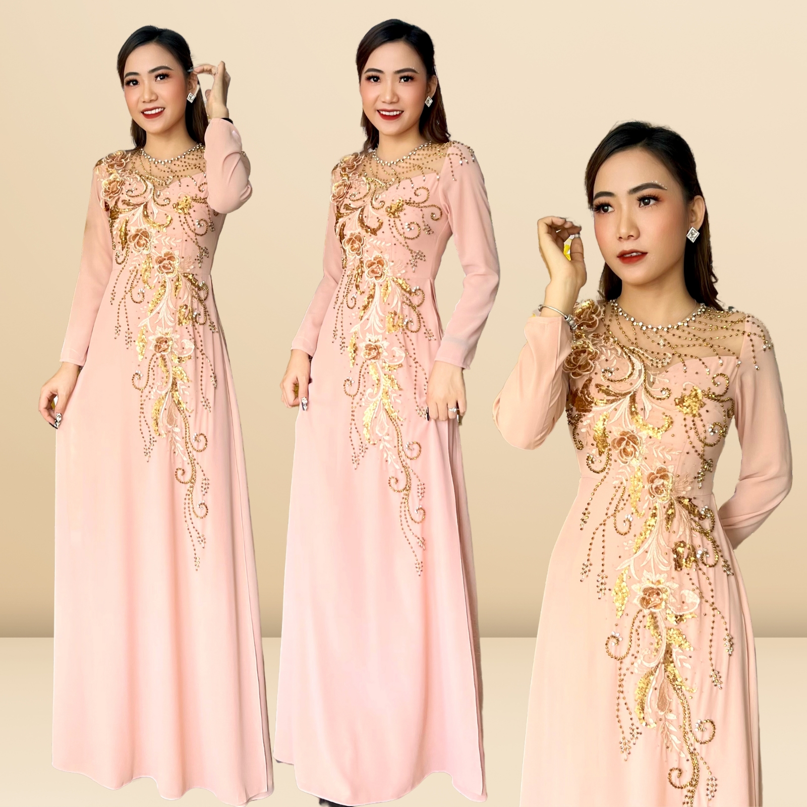 Áo dài dạ hội đẳng cấp trung niên dự tiệc hồng da nelly dress